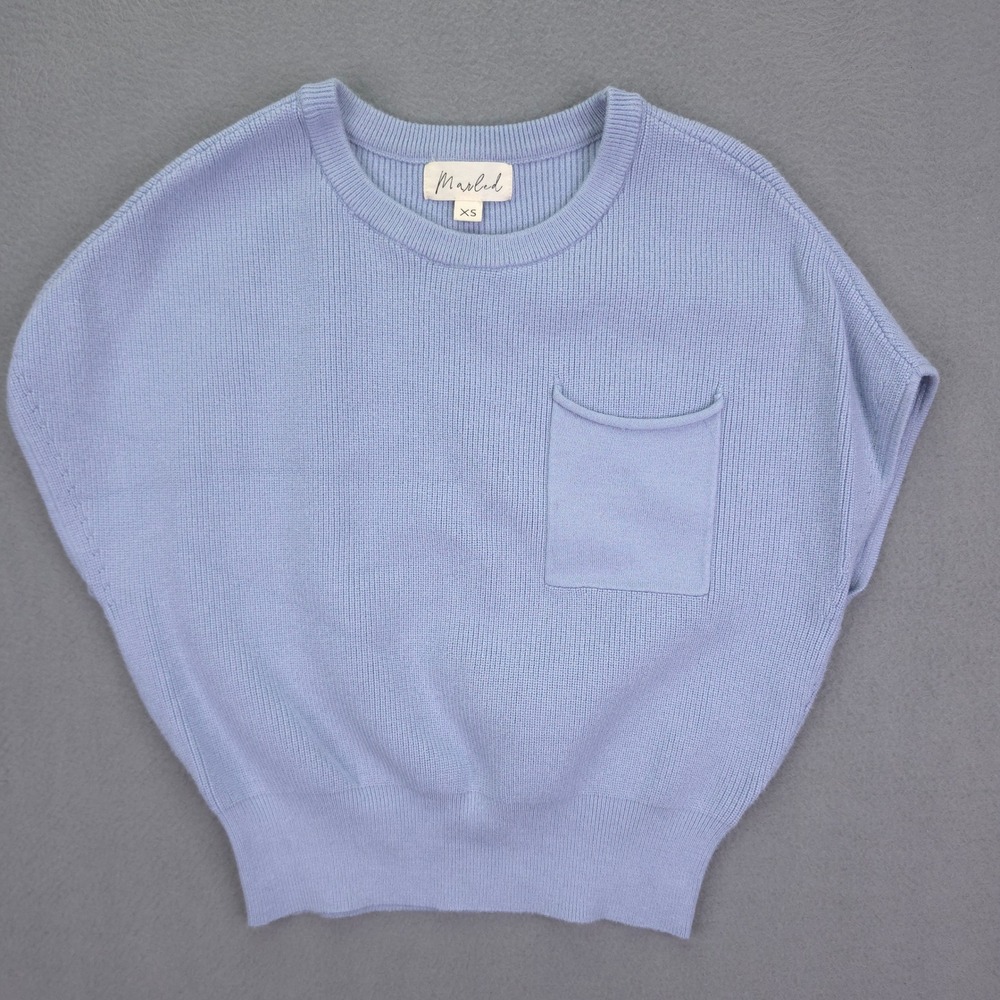 Marled Reunited Sweater Vest Cap Sleeve Pocket Ribbed Knit Blue XS Cotton Soft